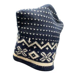 Vintage Nordic Style Knit Beanie Hat Size L Navy Wool Winter Ski Snowboard